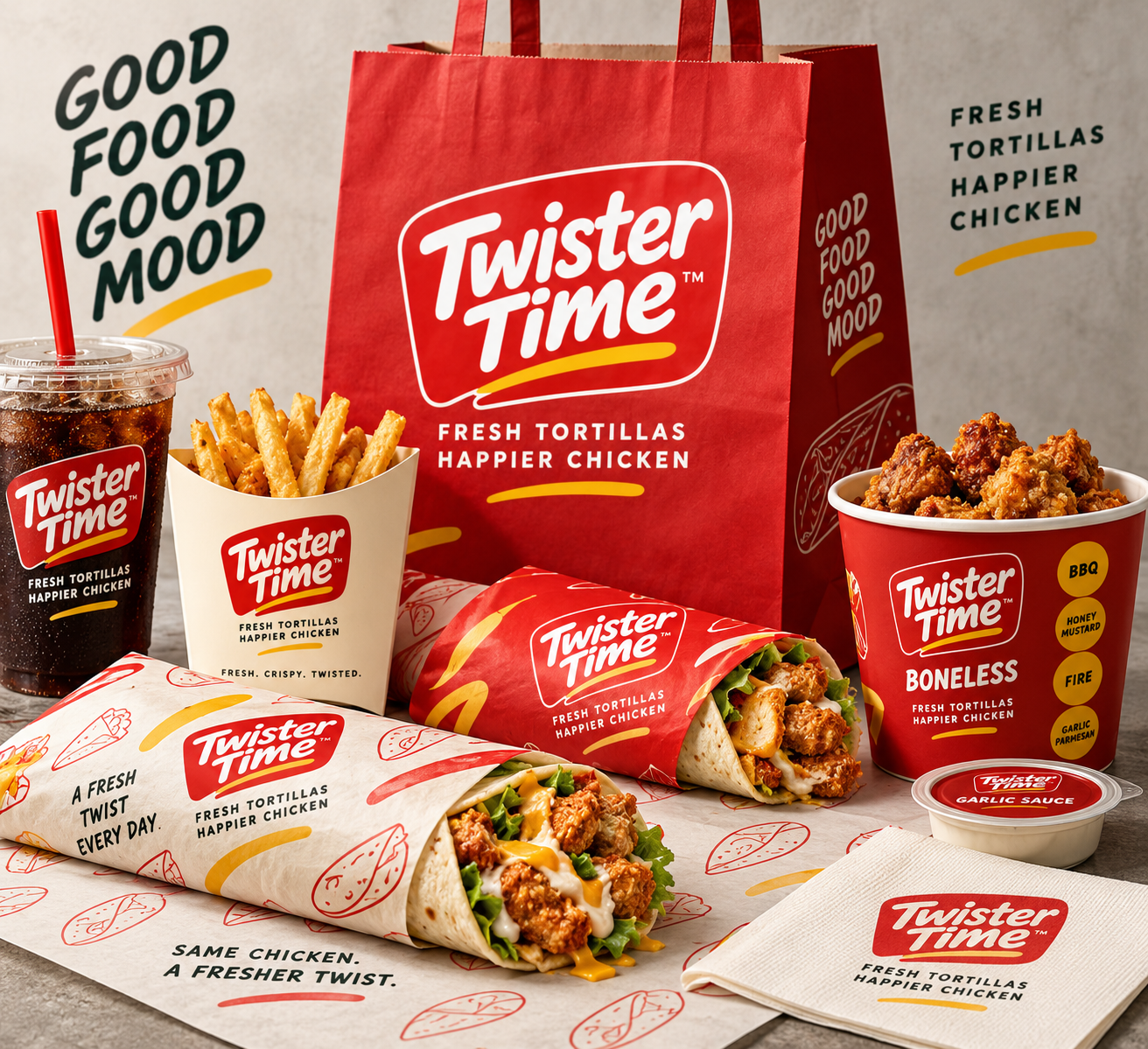 Twister Time packaging and crispy chicken wrap